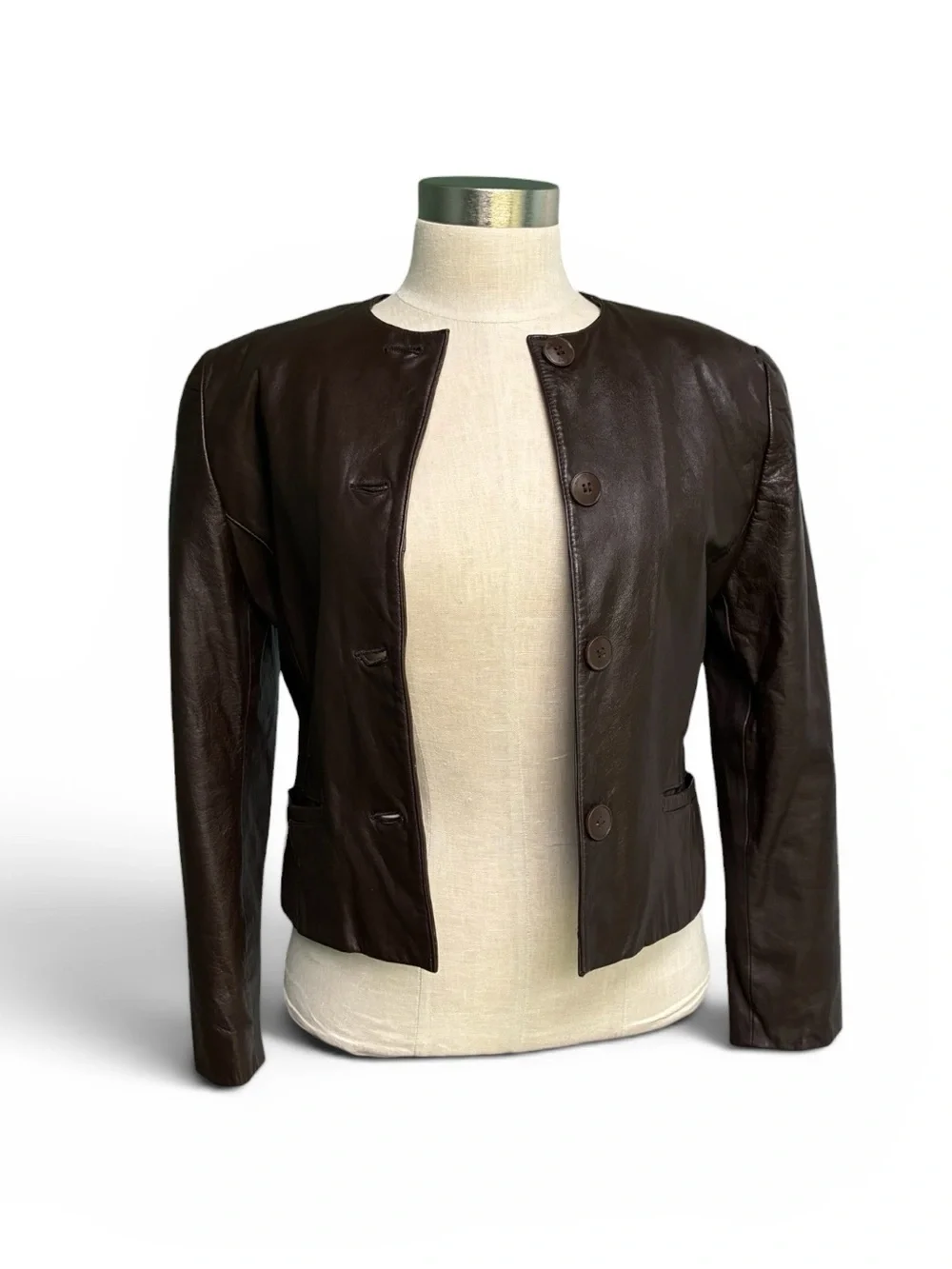 Jones New York Dark Brown Leather Button-Front Jacket